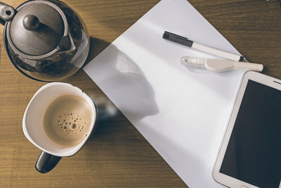 High angle view of coffee on table