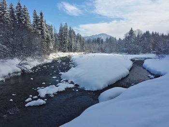 Frozen river against sky during winter