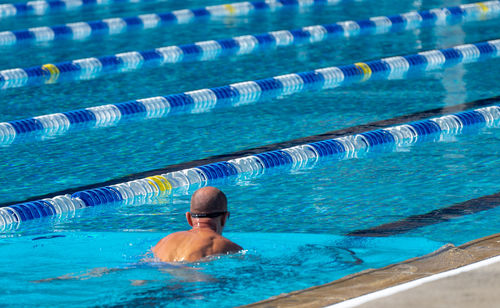 Rear view of shirtless man swimming in pool