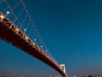 Low angle view of suspension bridge against blue sky