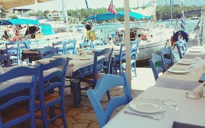 Empty chairs and table in water