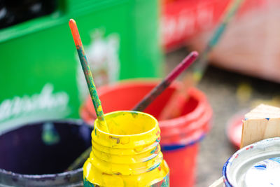 Close-up of multi colored pencils on table