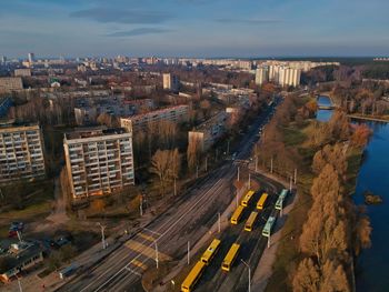 High angle view of road amidst buildings in city