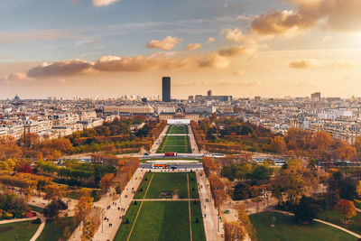 High angle view of cityscape against sky during sunset