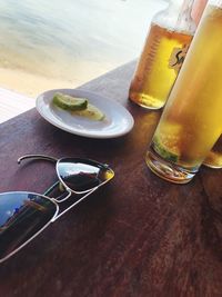 High angle view of beer glass on table