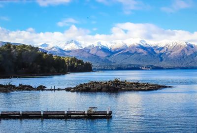 Scenic view of lake by mountains against sky