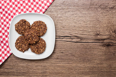 High angle view of cookies in plate on table