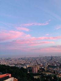High angle view of city buildings against sky during sunset