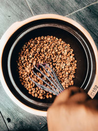 High angle view of hand holding coffee beans