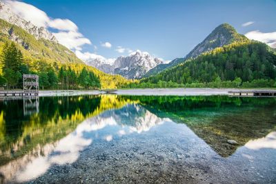 Scenic view of lake and mountains against sky