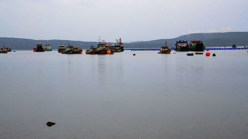 Fishing boats on sea against sky