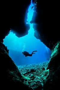 Low angle view of scuba divers swimming in sea