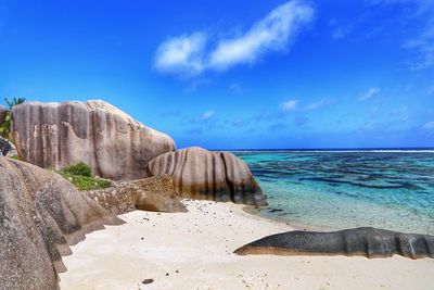 Scenic view of beach against blue sky