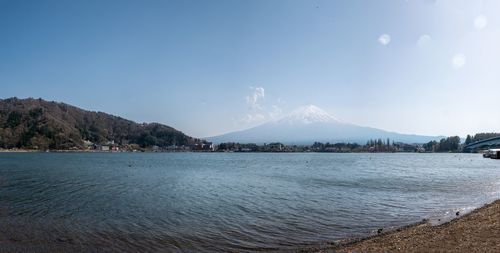 Scenic view of sea and mountains against sky