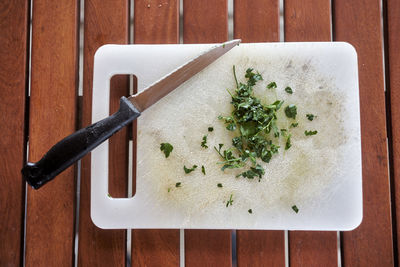 High angle view of food on cutting board