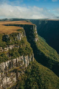 Fortaleza canyon with steep rocky cliffs covered by forest near cambará do sul. brazil.