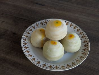 High angle view of dessert in plate on table