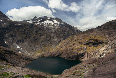 Scenic view of lake and mountains against sky