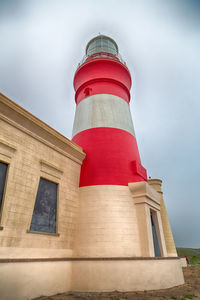 Low angle view of lighthouse against building