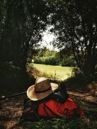 Rear view of person relaxing on field