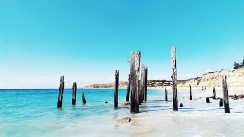 Scenic view of sea against blue sky