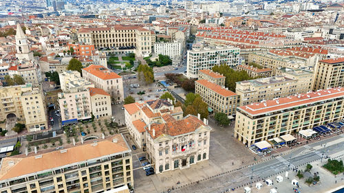 High angle view of buildings in city