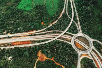 High angle view of road amidst trees