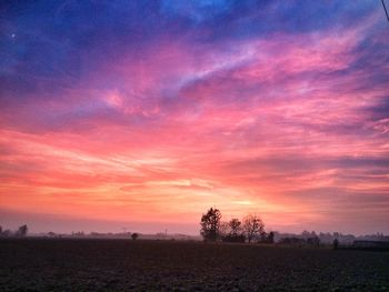 Silhouette trees against dramatic sky during sunset