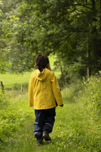 Rear view of boy walking on dirt road