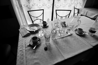 High angle view of wine glass on table