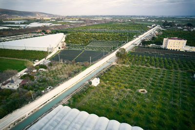 High angle view of buildings in city