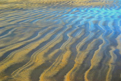 High angle view of wet sand on beach during sunset