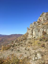 View of mountain range against blue sky