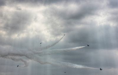 Low angle view of bird flying against cloudy sky