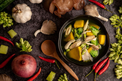 High angle view of vegetables in bowl on table