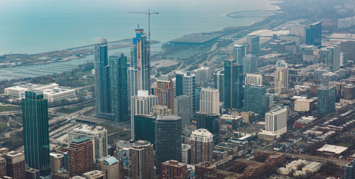 High angle view of modern buildings in city