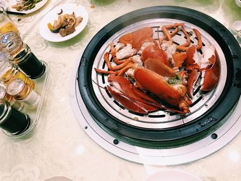 High angle view of food in plate on table