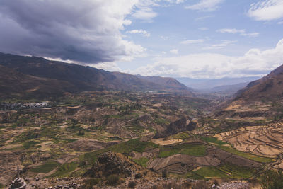 Scenic view of mountains against cloudy sky