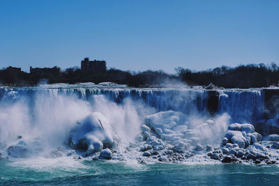 Panoramic view of waterfall against clear sky