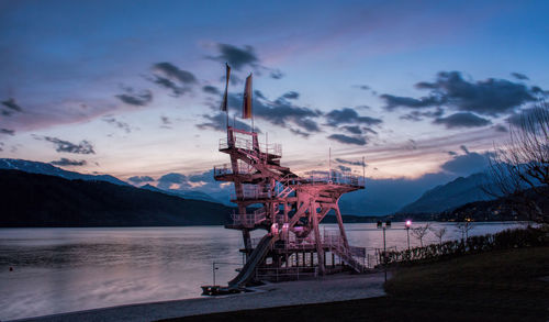 Staircase at lakeshore during sunset