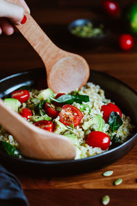 High angle view of salad in bowl on table