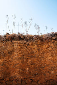 Low angle view of wall against clear blue sky