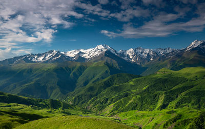 Scenic view of snowcapped mountains against sky. mountains of chechnya