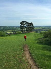 Rear view of woman walking on grassy land