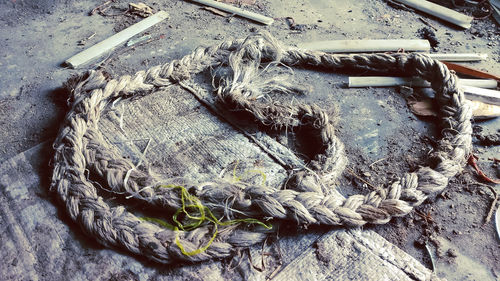 High angle view of ropes on table