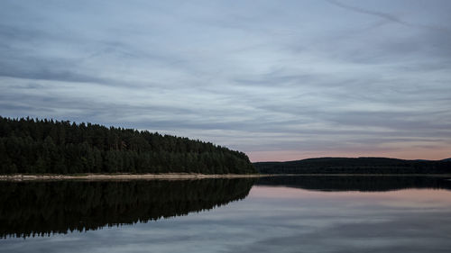 Scenic view of lake by trees against sky