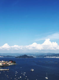 Scenic view of bay against blue sky