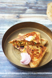 High angle view of food in plate on table