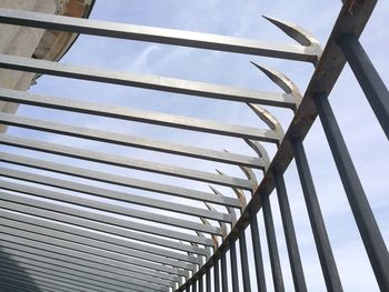 Low angle view of railing against sky