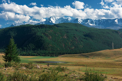 Scenic view of green landscape and mountains against sky